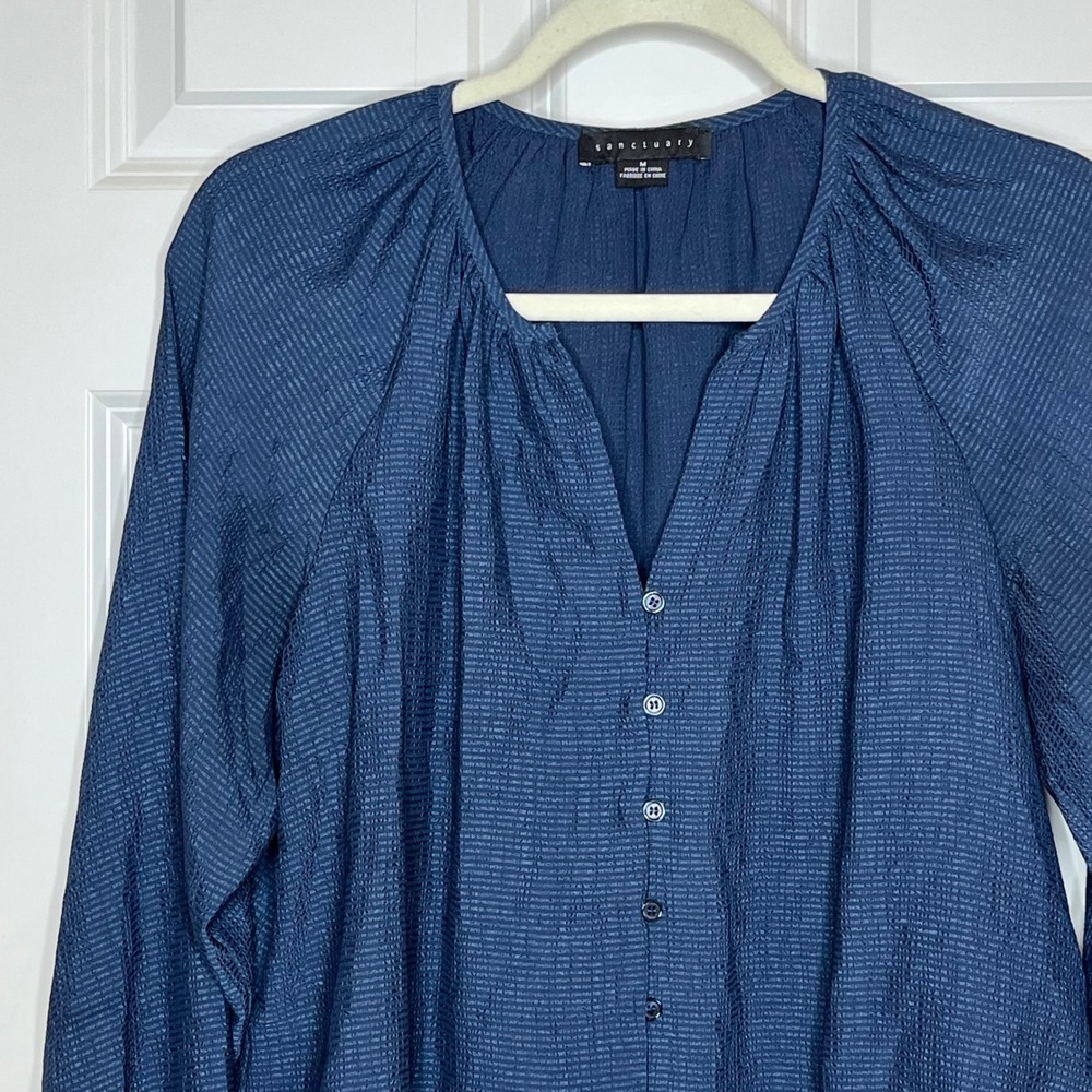 Sanctuary Medium Blue Textured Pleated V‎ Neck Button Front Long Sleeve Shirt